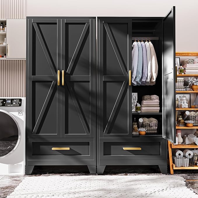 71" Tall Metal Armoire Wardrobe Closet,17.7" Deep By 31.5" Wide Portable Closet for Hanging Clothes,Wardrobe Cabinet with Drawer and Shelve for Bedroom Office Garage,Black 1 Pack