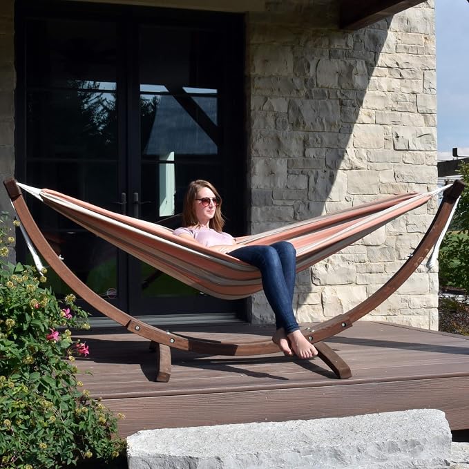 Vivere Double Cotton Hammock with Solid Pine Arc Stand - 450 lb Capacity, Durable FSC Wood Frame, Includes Hardware & User Guide - 450 lb Weight Capacity (Cameo) - Image 2