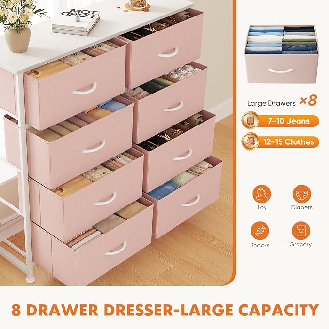 Sweetcrispy 8 Drawer Fabric Dresser for Bedroom, Tall Double Dresser Chest of Drawers with Sturdy Steel Frame and Wooden Top, Closet Living Room Storage Organizer with Easy Pull Handles,Pink - Image 4