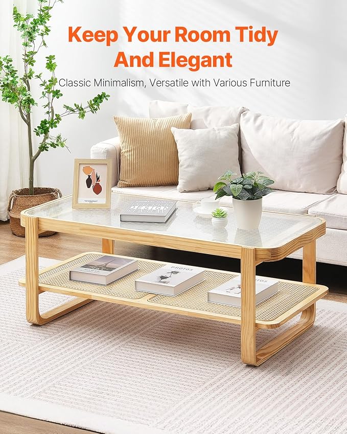 VEVOR Rattan Coffee Table, Rectangle Rattan Woven Wood Coffee Table with Tempered Glass Top, 45-Inch Modern Boho Storage Coffee Table with Natural Wood Legs, for Living Room, Bedroom & Small Spaces
