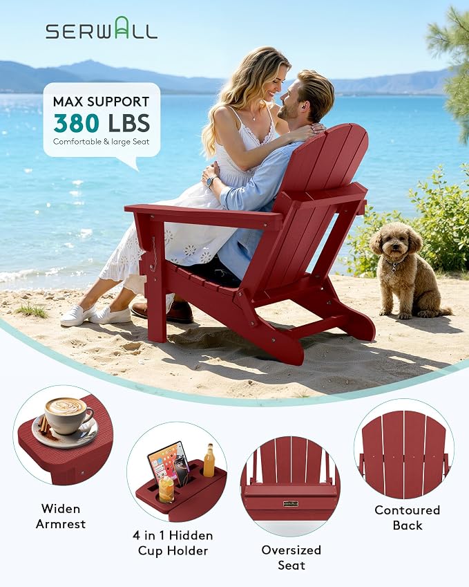 SERWALL Folding Adirondack Chair, Outdoor Adirondack Chairs with 4 in 1 Cup Holder, Wood Texture, Weather Resistant Plastic Patio Fire Pit Chairs for Garden, Backyard, Deck, Lawn - Green - Image 6