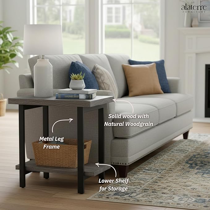 Alaterre Furniture Pomona Living Room Tables – 2-Tier Solid Wood End Table with Metal Legs – Modern Industrial Side Table or Nightstand (Slate Grey)