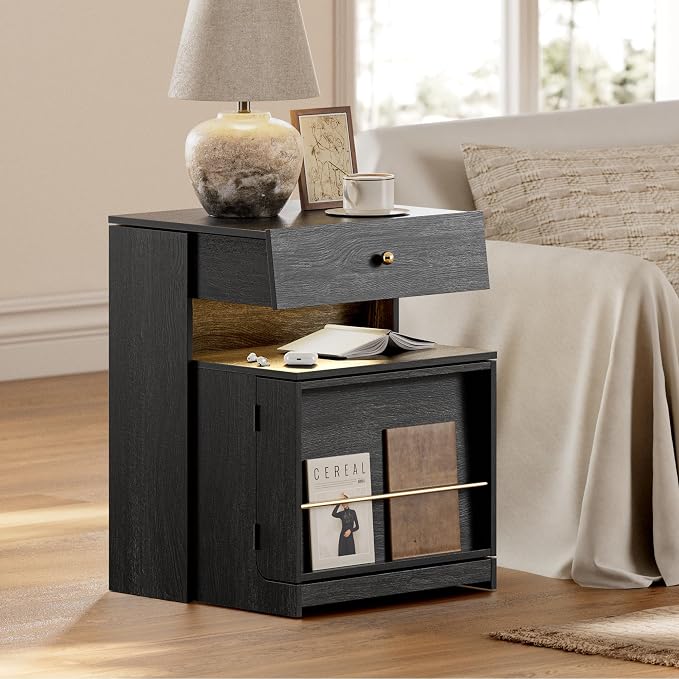 Night Stand Set of 2 with Charging Station, Modern LED Nightstand with Sliding Drawer & Storage Cabinet, Wood Bedside Table End Side Table for Bedroom Small Space, Black - Image 7