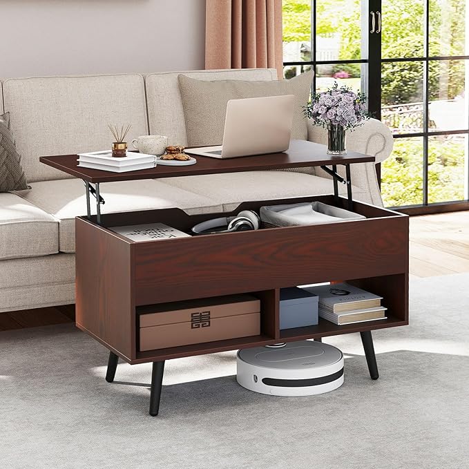 Giantex Lift Top Coffee Table, Modern Cocktail Table w/Hidden Compartment & 2 Open Shelves, Flip Top Center Table, Wooden Pull up Coffee Table for Living Room, Reception Room, Office (Walnut)