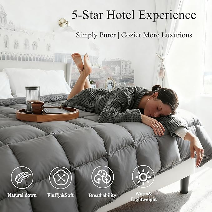 Down Feather Fiber Comforter Queen Size,Premium Ultra-Soft Breathable Comforter High Fill Power Grey Duvet Insert,All Season Hotel Luxury Bedding Comforters 8 Corner & Center Loops,Baffle Box Design