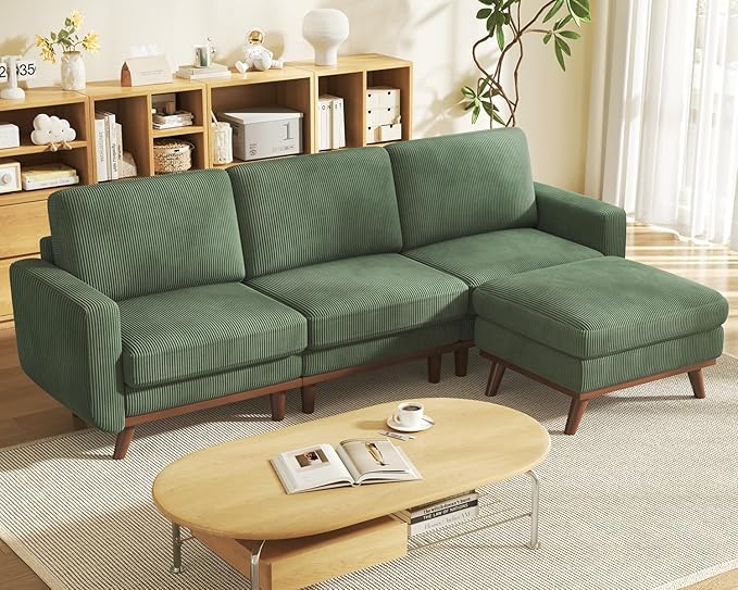 97" Green Corduroy Modular Sectional Sofa, L-Shaped Couch with Movable Ottoman & Spring Cushion, Deep Seat Modular Sofa for Living Room Bedroom Apartment