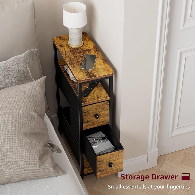 KLUVIS Narrow Night Stand Set 2 - Nightstand with 3 Drawers Skinny Bedsides Tables for Small Space Dresser for Bedroom Living Room Slim Side Table, Farmhouse Brown - Image 6