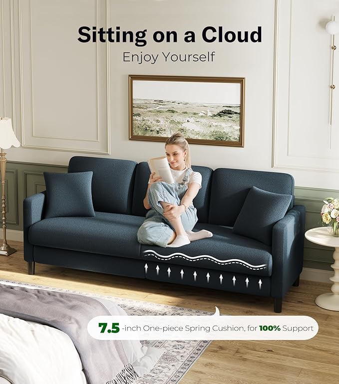 83" Couches for Living Room, Comfy Sofas for Living Room with Storage Ottoman, Teddy Sofa Couch, Tool-Free Loveseat Sofa, All-Wood Love Seat Couches, L Shaped Couch 2 Pillow Include, Blue Grey