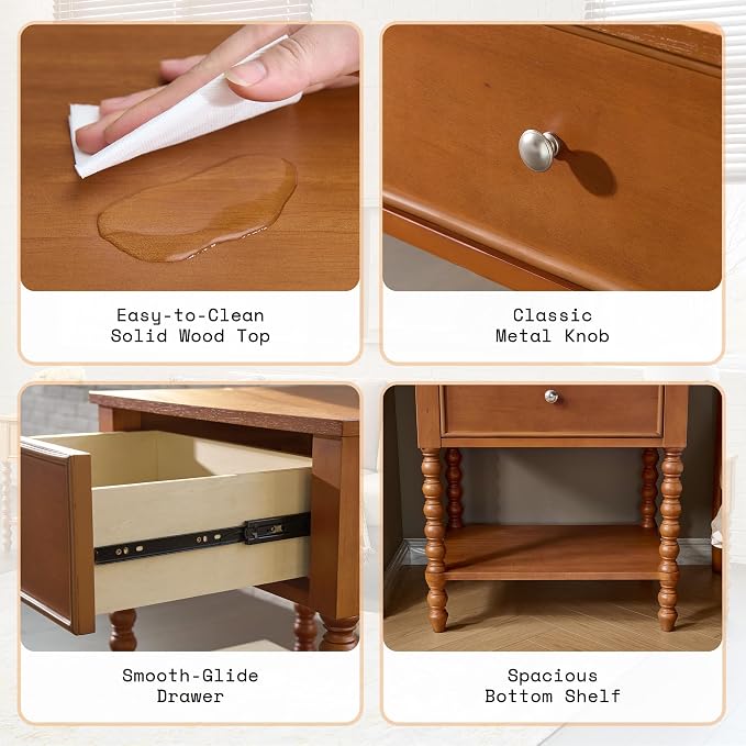 AMERLIFE 24" Walnut Nightstand Set of 2, Vintage Bedside Table for Bedroom, Solid Wood Night Stand with Turned Legs, End Table with Drawer & Open Shelf, Brown Walnut Finish - Image 7