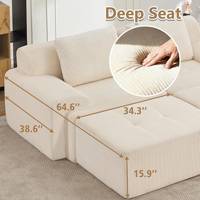 KIGOTY Modular Sectional Sofa, 4 PCS Comfy Cloud Sectional Couch with Deep Seat, Sleeper Sofa Bed with Ottoman, Modern Boneless Couch for Living Room, No Assembly Required,White
