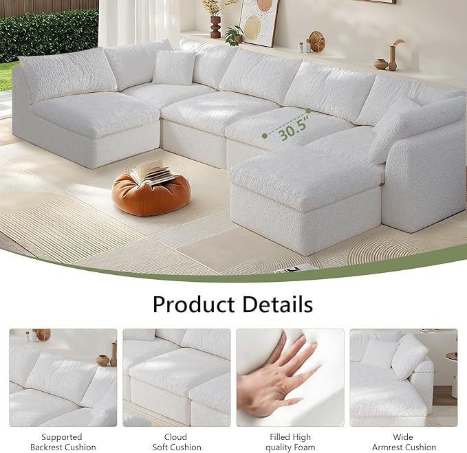 Modular Sectional Sofa Boneless Cloud Couch for Living Room, L Shape Deep Seat Recliner Sofa with Ottoman, Adjustable Backrest & 2 Throw Pillows - Covers Washable, (White, 5 Seater+1 Ottoman)