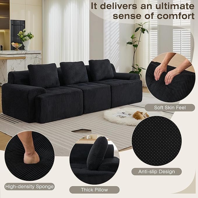 Modular Sectional Sofa, Boneless Couches for Living Room, Corduroy Couch, Big Comfy Couch, Modular Cloud Sofa with Deep Seat (Black, 3 Pieces-Rowshape)