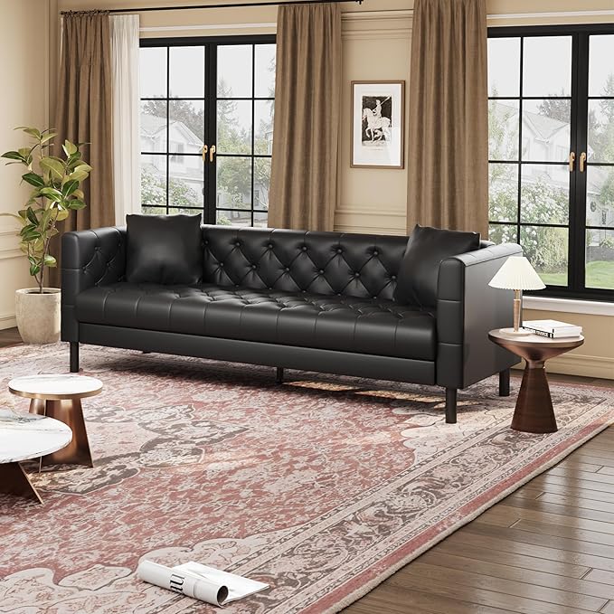 IDEALHOUSE 81" Mid Century Modern Leather Sofa, 3 Seater Chesterfield Couch with Button Tufted Back & Deep Seat, Upholstered Living Room Sofa for Apartment or Office, Black