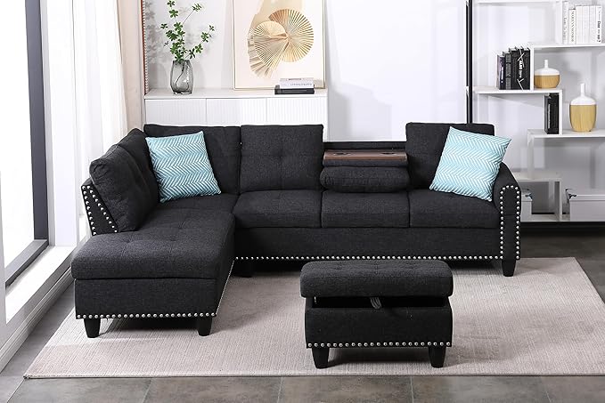 Modular Sectional Sofa Set, Modern L Shaped Sectional Sofa Set with Storage Ottoman & 2 Pillow, 2 Cup Holders, 6 Seat Sofa Couch Set for Living Room, Office, Apartment (Linen, Charcoal Grey)