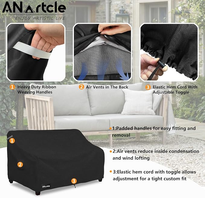 ANartcle 3-Seater Patio Sofa Cover,76W x 32.5D x 33H Inches Outdoor Couch Cover,100% Waterproof Heavy Duty Patio Sofa Covers,Patio Furniture Covers,Black - Image 4