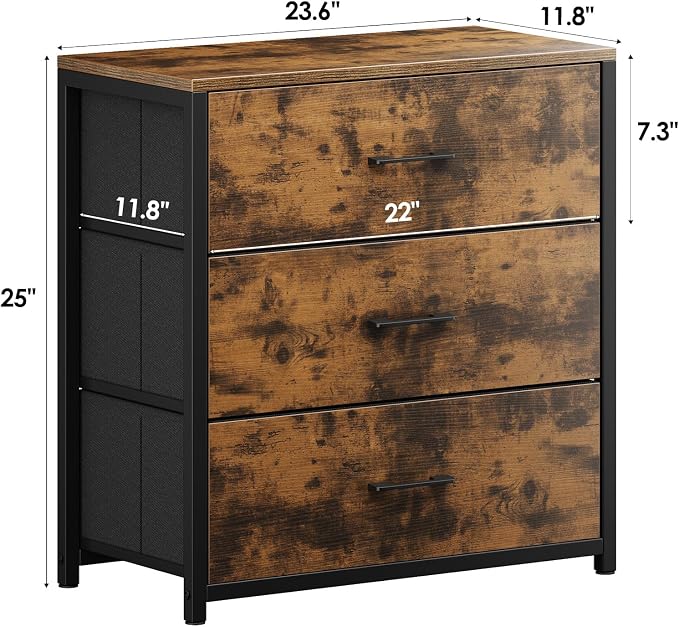 Memobarco Nightstand, End Table, Bedside Table, Small Tall Dresser for Bedroom with 3 Storage Drawer, Chest of Drawers Fabric Dressers with Steel Frame, Wooden Top & Front for Living Room - Image 2