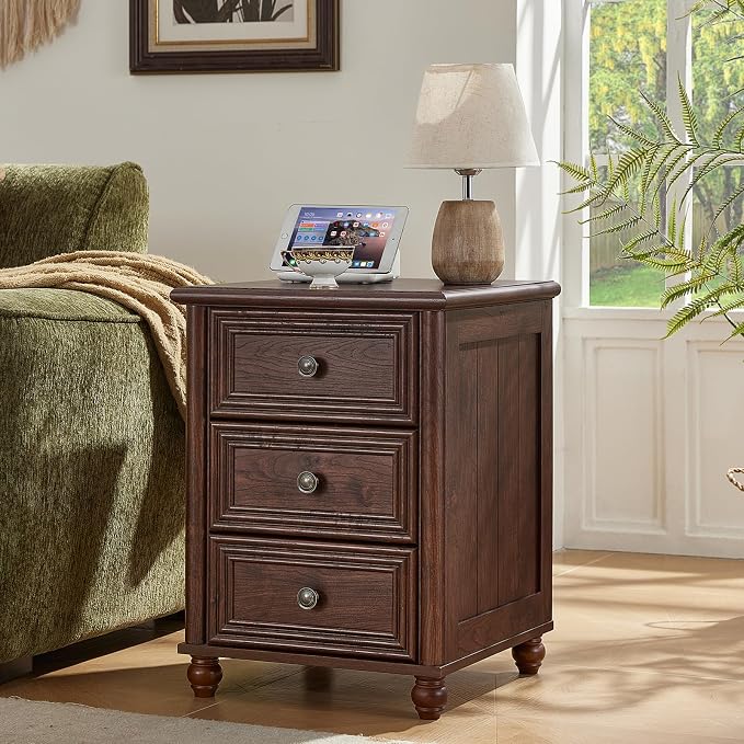 RWYHG 18" Farmhouse Night Stand Set of 2, Walnut Wood Nightstand with 3 Drawers, Bedside End Table with Storage and Roman Column, Bed Side Tables Cabinet for Bedroom, Living Room, and Closet - Image 5