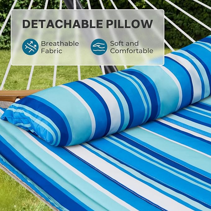 SUPERJARE Hammock with Stand, 2 Person Heavy Duty Hammock with Padded Cotton, Detachable Pillow & Strong Curved-Bar & Portable Carrying Bag, Perfect for Outdoor & Indoor, Blue Stripe - Image 4
