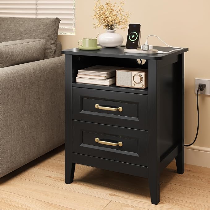 Gizoon Nightstand Set of 2 with Charging Station, Bedside Table Set for Bedroom, Modern Wood Nightstand with 2 Drawers & Open Shelf, Black - Image 9