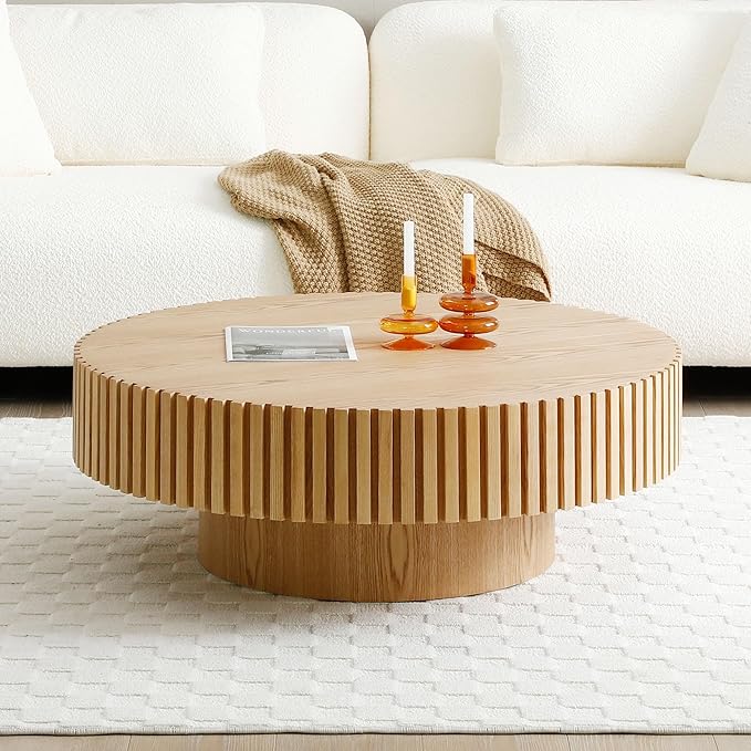 31.49" Coffee Table, Round Coffee Table, Wood Coffee Table for Living Room, Handcrafted Relief Carving, Easy Assembly, Oak