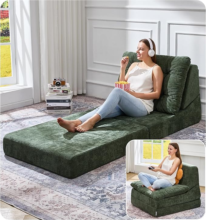 Hobestluk Sofa Couch Folding Sofa Bed Comfy Floor Lounger Convertible Sofa with Removable Cushion Couches for Small Spaces Foldable Mattress for Living Room Bedroom or Office (Chenille Green, Large)