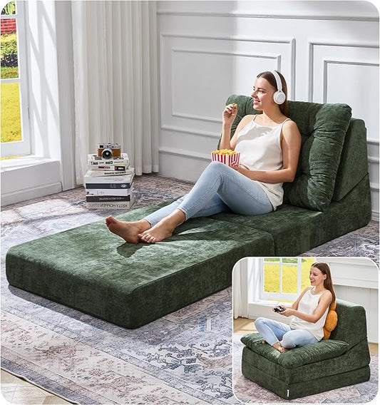 Hobestluk Sofa Couch Folding Sofa Bed Comfy Floor Lounger Convertible Sofa with Removable Cushion Couches for Small Spaces Foldable Mattress for Living Room Bedroom or Office (Chenille Green, Large)