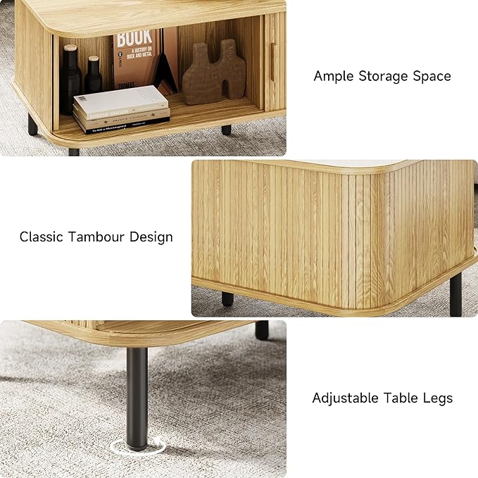 Coffee Table with Storage, 47.2" Mid Century Modern Coffee Tables for Living Room, Rectangle Wood Center Table with Sliding Tambour Door & Adjustable Leg for Living Room, Oak