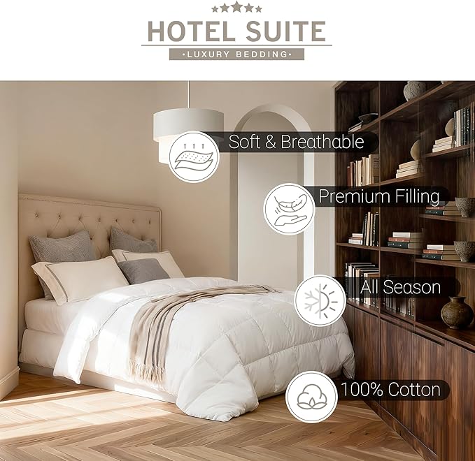 Hotel Suite Luxurious Feather and Down Comforter Duvet Insert Twin Size, 100% Cotton Cover, Hotel Collection Quilts, 44 oz Fill Weight, All Season Medium Warmth 68 x 88 Inch White
