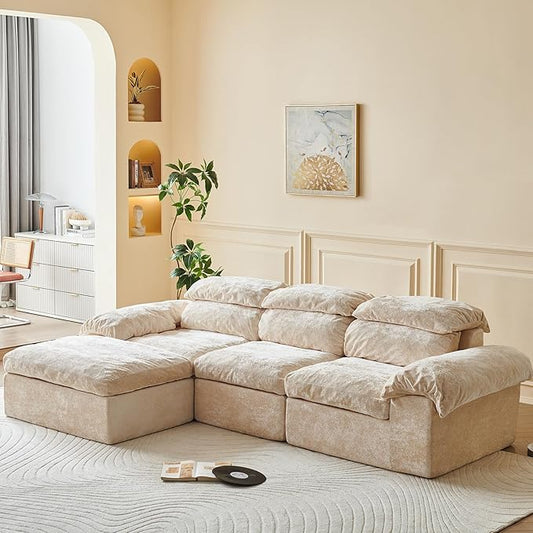 Boneless Couch, L Shaped Cloud Couches for Living Room, Comfy Fluffy Modular Sectional Sofa, Deep Seat Memory Foam Lounger with Left Facing Chaise, Free Combination, Beige