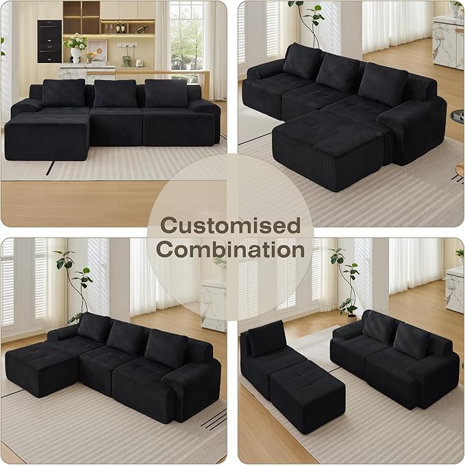 Modular Sectional Sofa, 6 Seat Modular Couch, Modular Sofa with Deep Seat and Detachable Pillow (Black, 4 Pieces-L Shape)