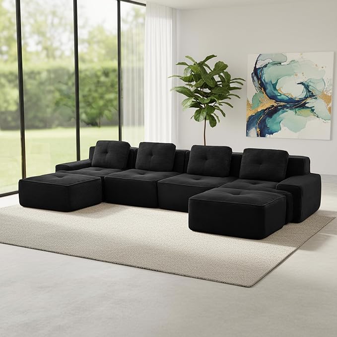 Casaphoria 150'' Boneless Sectional Sofa, Corduroy 4-Seater Cloud Couch with 4 Pillows & 2 Ottomans for Living Room, U-Shaped Deep Seat Modular Sofa for Apartment, No Assembly, Black