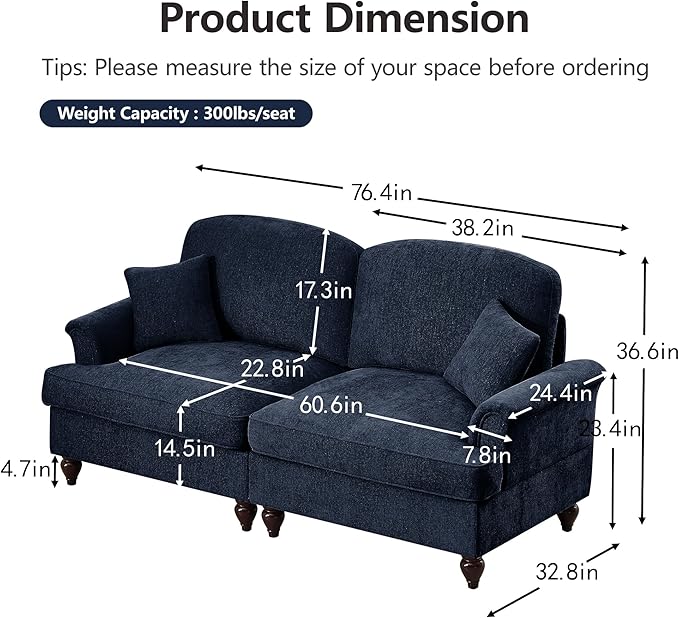 KEIKI Mid Century Modular Sofa with Flared Arms and Skirted Design, 76" Loveseat Chenille Sectional Couches for Living Room, Soft Apartment Size Couch, Home Sofa Bedroom Furniture, Blue