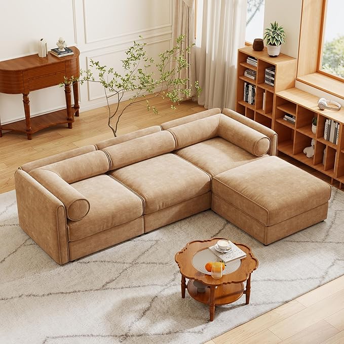 KEIKI 109" L-Shaped Modular Chenille Sectional Sofa with Storage Seat, 1 Ottoman, Modern Style 3-Seater Couch with Cylindrical Backrest and Armrests, Easy Assembly, for Apartment, Living Room, Camel