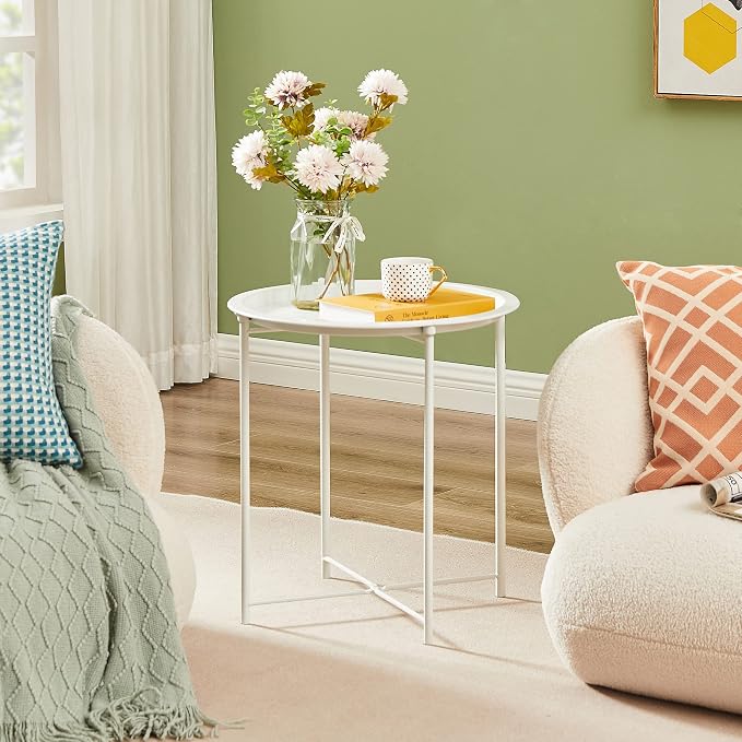 VECELO Side/End Table, Folding Round Metal Anti-Rust and Waterproof Outdoor or Indoor Tray for Living Room Bedroom Balcony and Office, 1 PCS, Beige - Image 7