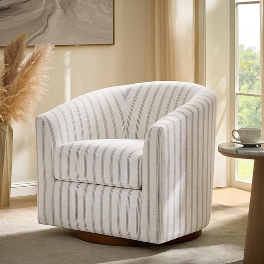 HULALA HOME Modern Swivel Accent Chair with Solid Wood Base, Round Swivel Barrel Chair with Striped Pattern, No Assembly Required, Stripe