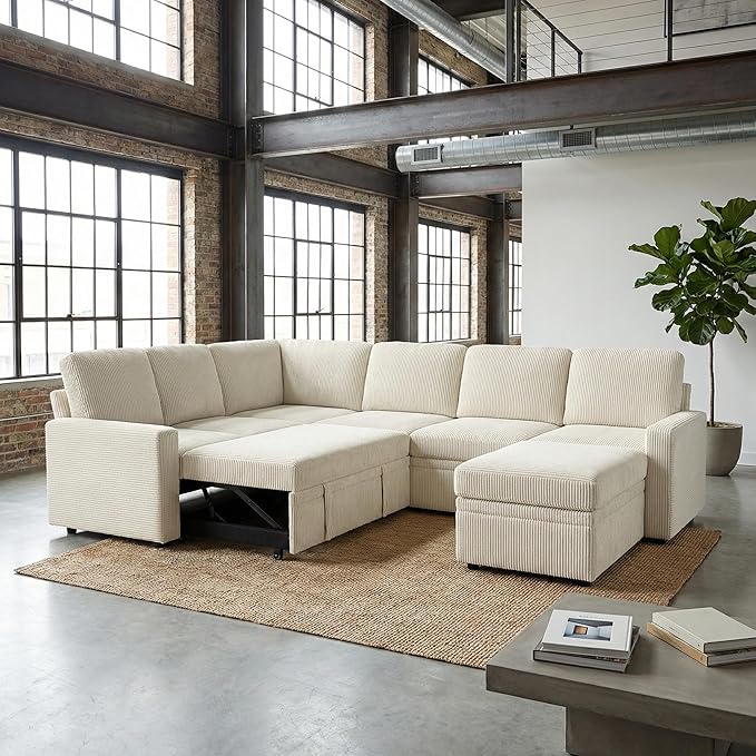 7-Seater Large Sectional Couch with Pull Out Bed, L Shaped Corduroy Sofa with Storage, Convertible Modular Sofa, for Living Room, Apartment, Beige