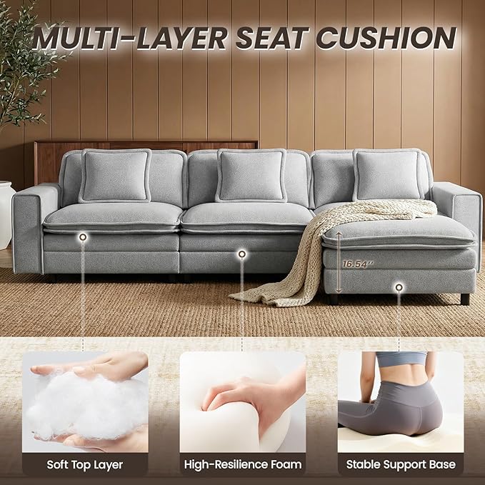 Modular Sectional Sofa 107", Comfy Cloud Couch with Ottoman, Deep 4-Seat L Shaped Modular Sofa, Couches with Throw Pillows for Living Room, Light Grey