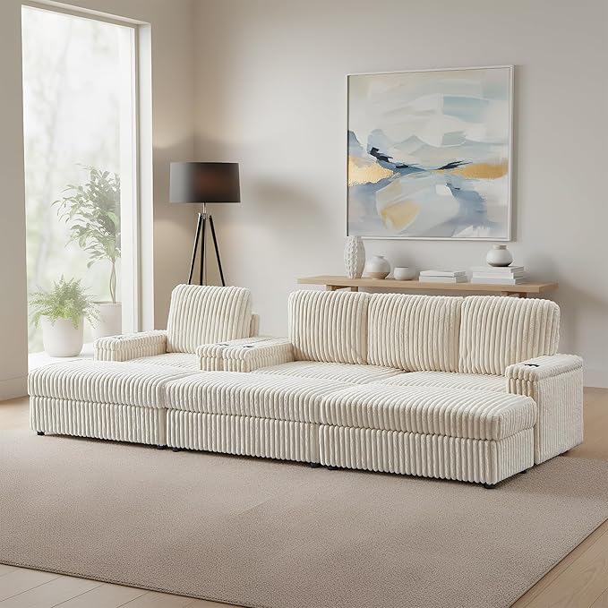 ERYE Oversized Loveseat Sectional Sofa and Chaise, 5 Pieces Living Room Sofa Set Include Love Seat,Chair & 3 Ottomans, Corduroy Upholstered Modular Couch with Cupholders