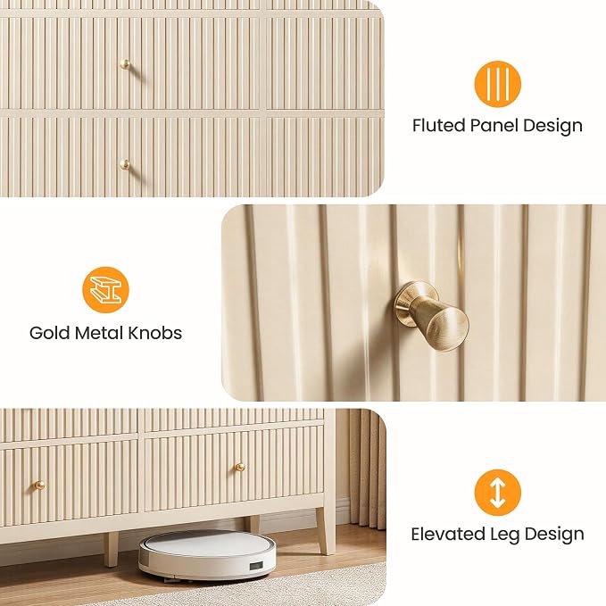 RoyalCraft Beige 6 Drawer Dresser, Fluted Modern Wood Chest of Drawers, Long Dresser for Bedroom TV Stand Storage Cabinet for Living Room - Image 5