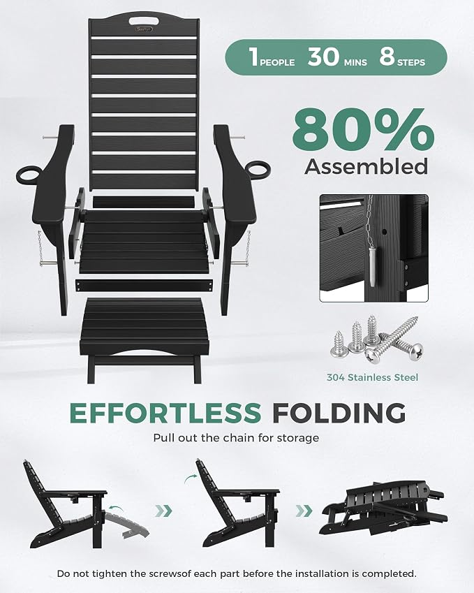 Folding Adirondack Chair with Retractable Ottoman Weather Resistant Fire Pit Chair Patio Chair with 2 Cup Holder Lawn Outdoor Lounge Chair (Black) - Image 7