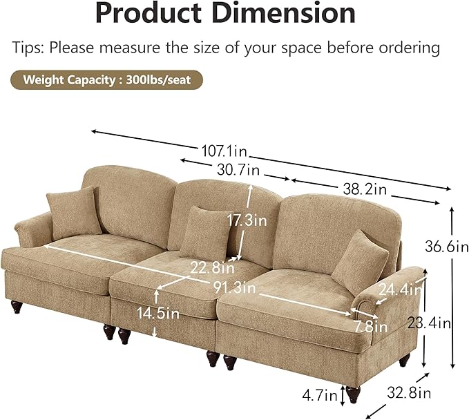 KEIKI Mid Century Modular Sofa with Flared Arms and Skirted Design, 107” Oversized 3-Seater Chenille Sectional Couches Set for Living Room, Modern Comfortable for Living Spaces, Light Coffee