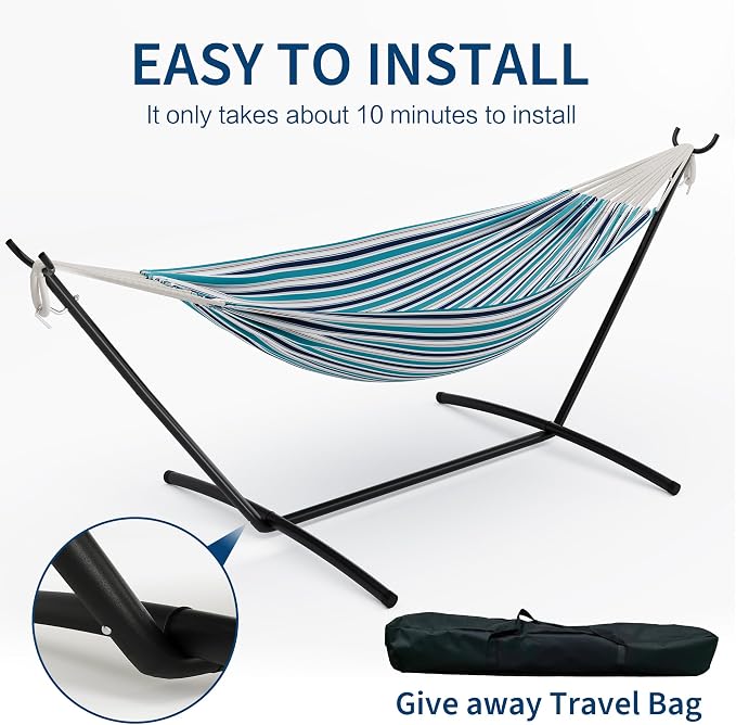 Double Hammock with Steel Stand - 2 Person Hammock Bed Indoor Outdoor, Brazilian-Style, with Carry Bag, 450lb Capacity, Portable & Easy Assembly, Ocean - Image 6