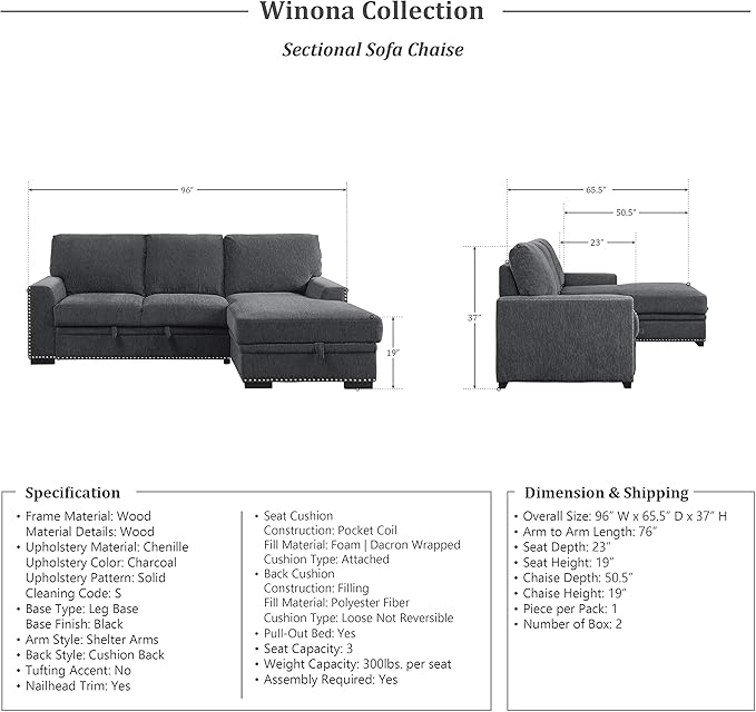 Lexicon Mid Century Modern Sectional Sleeper Sofa Bed Couch with Storage Chaise, Sectional Sofa Pull Out Couch Bed, Sectional Couch Lounge Sofa for Living Room Apartment, Right Side Chaise, Charcoal