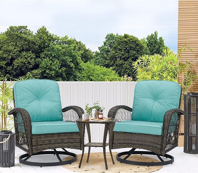 EROMMY 3 Pieces Outdoor Swivel Rocker Patio Chairs, 360 Degree Rocking Patio Conversation Set with Thickened Cushions and Glass Coffee Table for Backyard, Blue