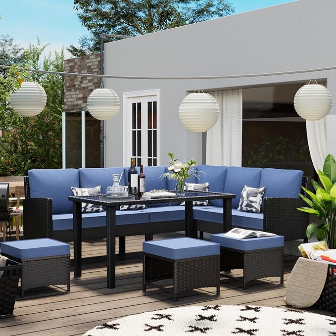 7-Piece Patio Furniture Set, Outdoor Couch with Dining Table & Ottomans, PE Rattan Sofa Set with Cushions for Deck, Yard, Poolside (Blue)