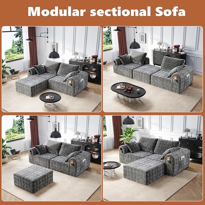 106" Boneless Couches for Living Room, Modular Sectional Sofa, L-Shape Sofa Couches,Cloud Couch Sectional, Comfy Corduroy Sofa, with Deep Seat, No Assembly Required (Gray, 2 Seater + 1 Ottoman)