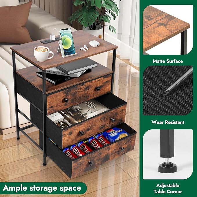 3 Drawers Dresser with Charging Station, 24 Inch Wide LED Night Stand Set 2 with Adjustable Fabric Drawer, Nightstand with Storage Shelf for Living Room/Bedroom/Office, Rustic Brown. - Image 4