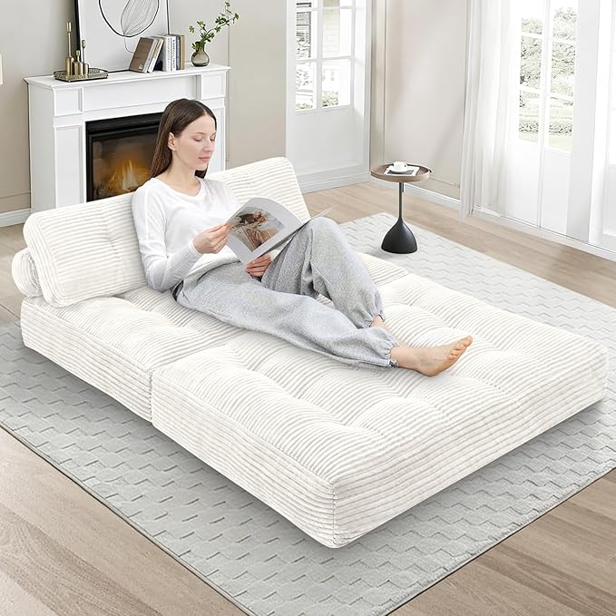 Folding Sofa Bed, Convertible Sleeper Chair with Pillow & Handle, Foldable Mattress Futon Chair Bed Lounge with Back Support, Comfy Floor Sofa for Living Room Bedroom, Beige, Full