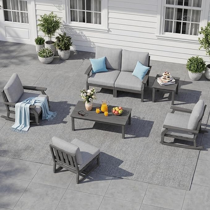 HDPE Patio Conversation Set, 6-Piece All Weather Outdoor Furniture Set with 2 Single Rocking Armchairs for Deck, Lawn, with Cushion, Gray