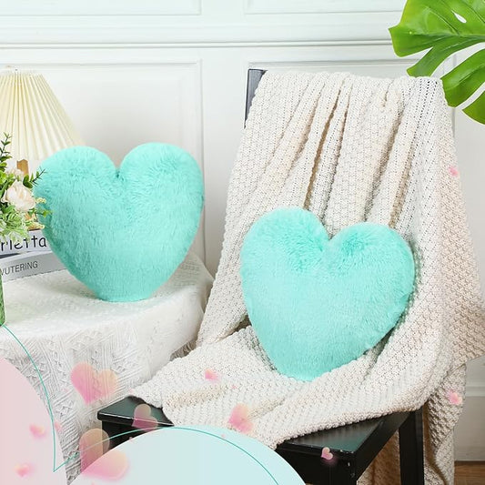 Marsui 2 Pcs Heart Throw Pillows, Soft Fluffy Faux Fur Decorative Hearts Shaped Pillows for Living Room Sofa Bed, Cute Heart Themed Gift for Women(Mint,11.81 x 11.02 Inch)
